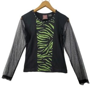 Gordon & James Vintage Black Sheer Long Sleeve Top Green Zebra Print Size Small
